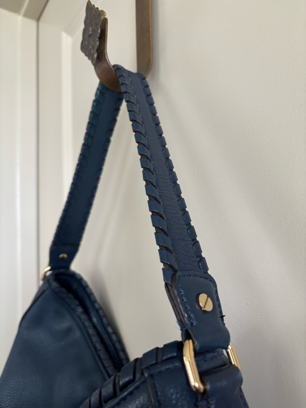 Michael Kors Navy Pebbled Leather Hobo with Gold MK Charm - Picture 4 of 6